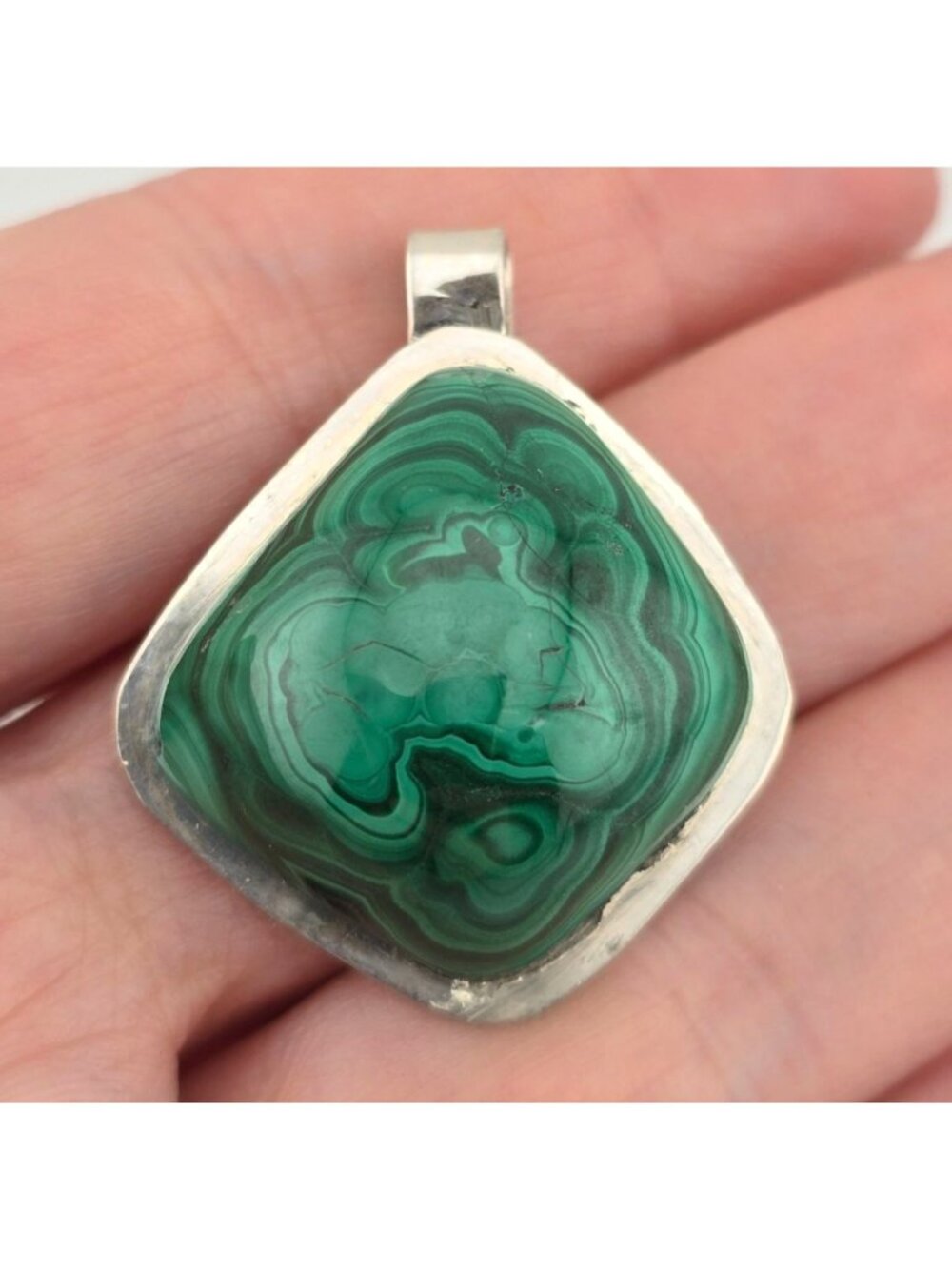 Malachite & Sterling Silver Pendant Handcrafted Green Stone